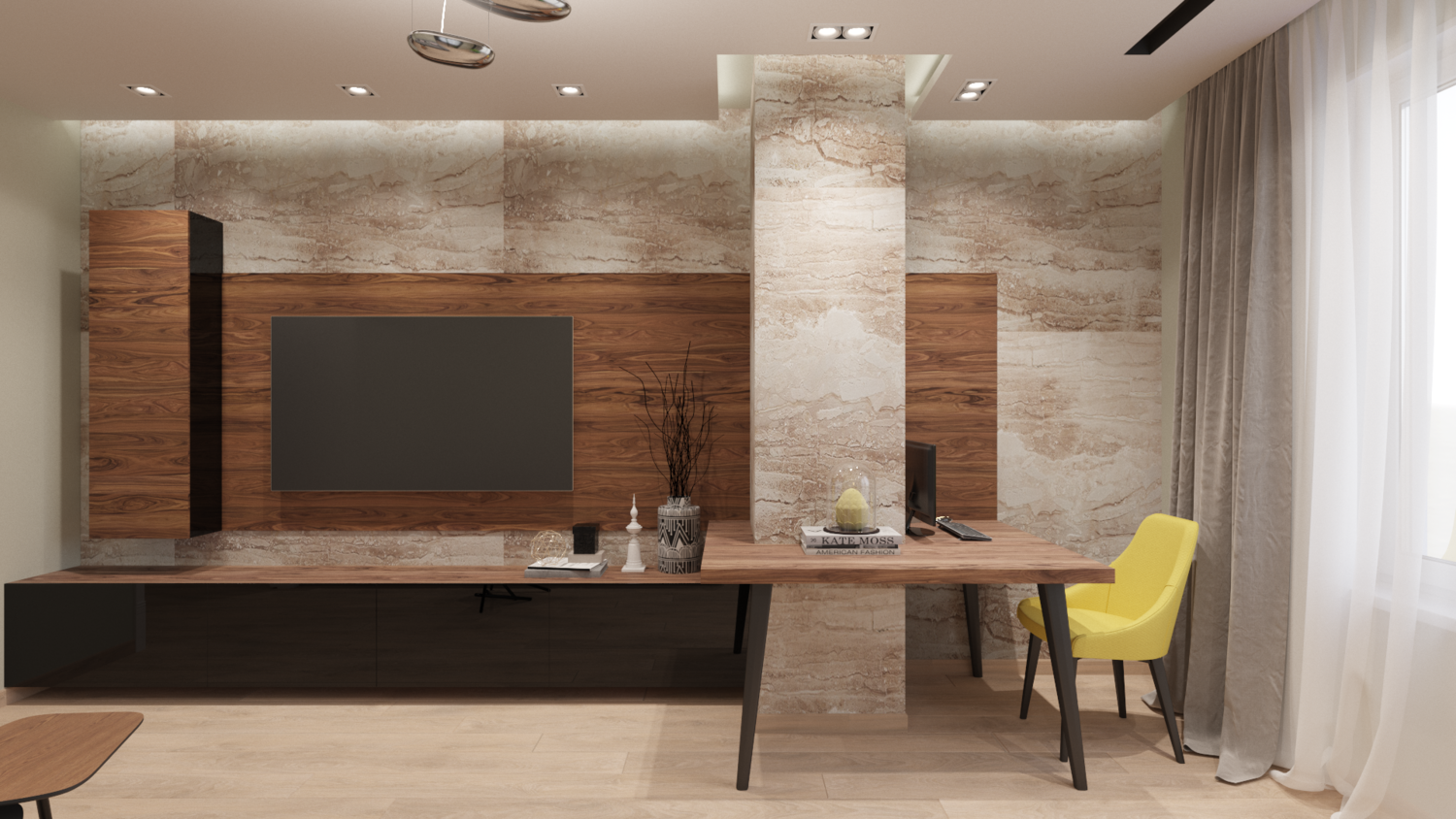 гостиная лофт, дизайн интерьера, интерьер, кухня гостиная с декоративным камнем, гостиная стиль