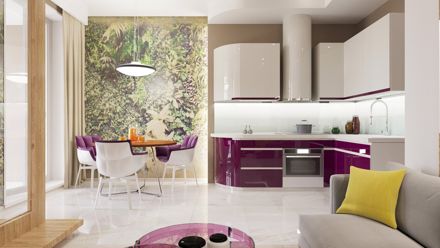 кухня гарнитур современный стиль, фиолетовая кухня в стиле модерн, интерьер кухни в лиловых тонах, кухня в стиле модерн, дизайн кухни