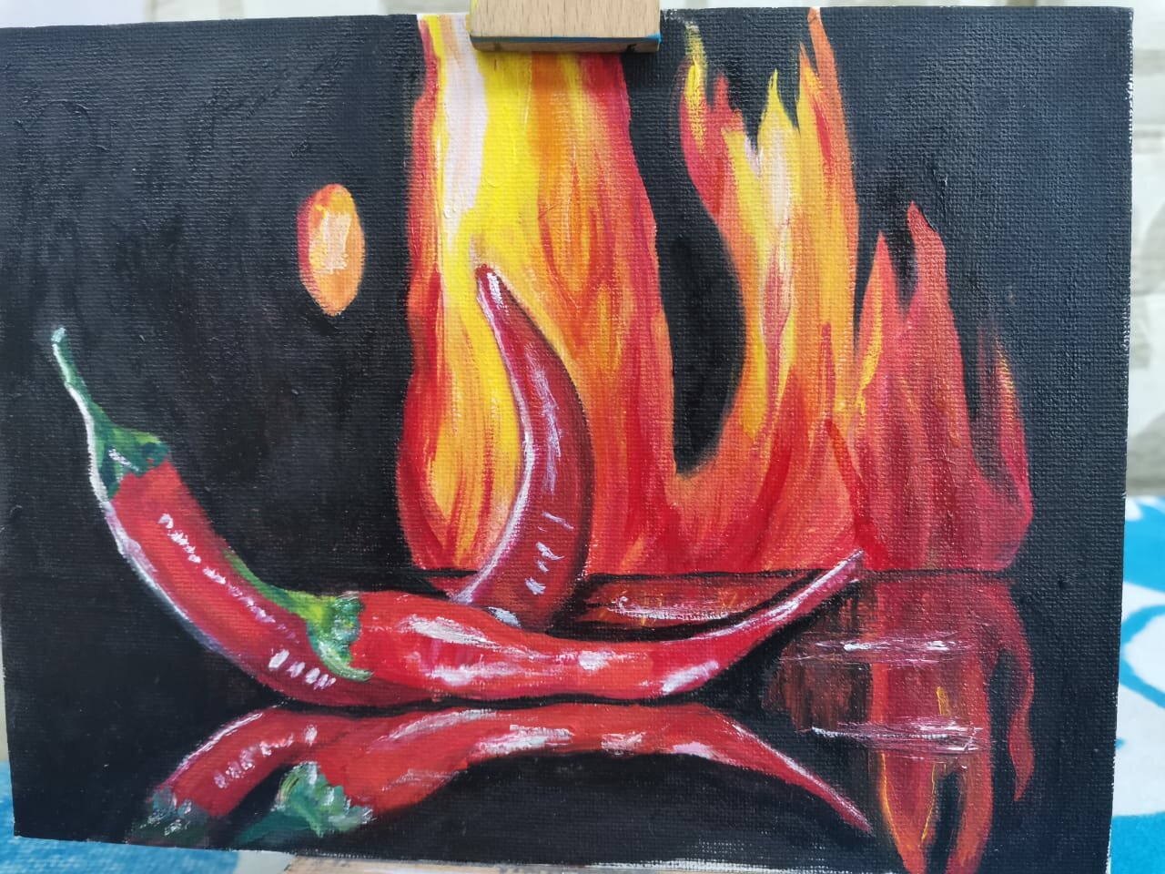 перец чили в огне, живопись работа с перцем, картина, огненный перец, красный перец картина