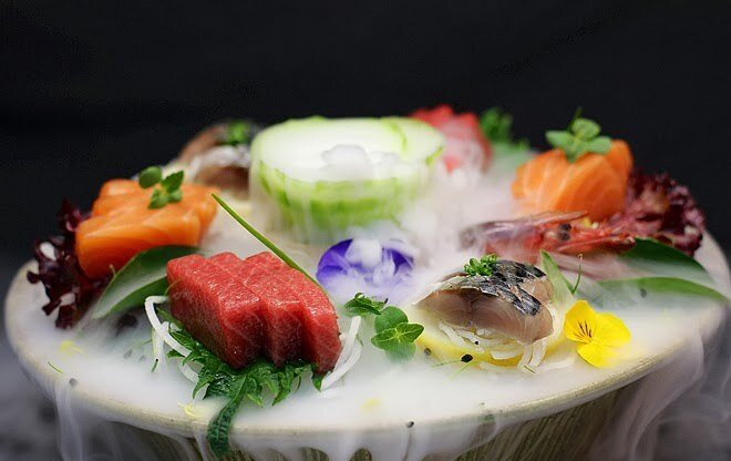 красивые блюда молекулярной кухни, сашими сет, еда, украшения блюд, высокая кухня