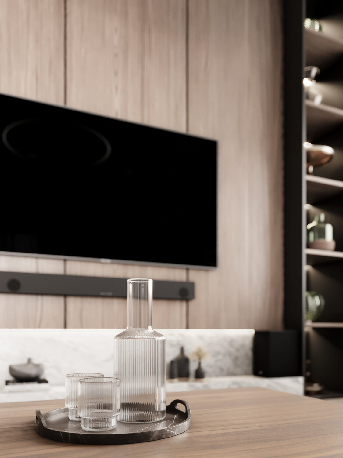 деревянная панель за телевизором, дизайн интерьер, ferm living стаканы, минималистская гостиная, современная гостиная