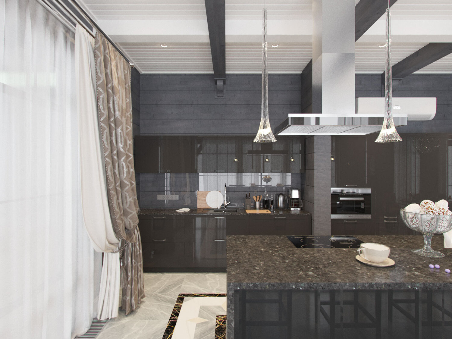 кухня-гостиная в современном стиле, дизайн интерьера, интерьер, кухня в стиле лофт, дизайн кухни