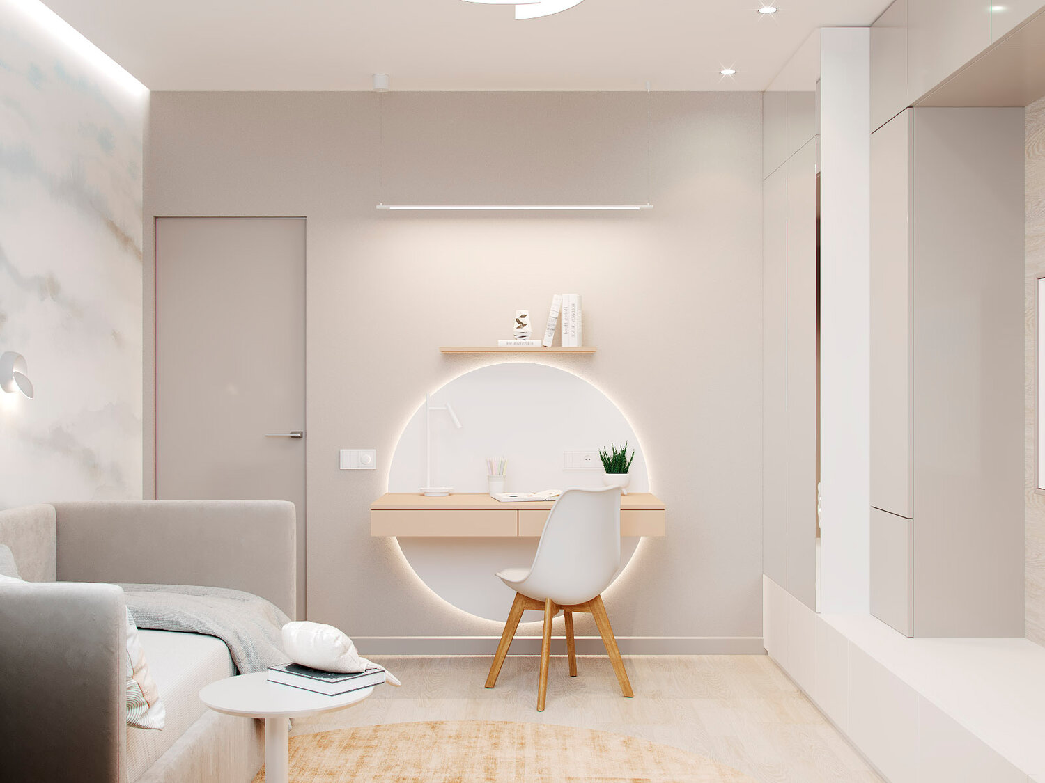 интерьер студии 28 кв.м, дизайн квартиры студио в пастельных тонах, дизайн квартир, дизайн интерьера, кремовый интерьер однокомнатной