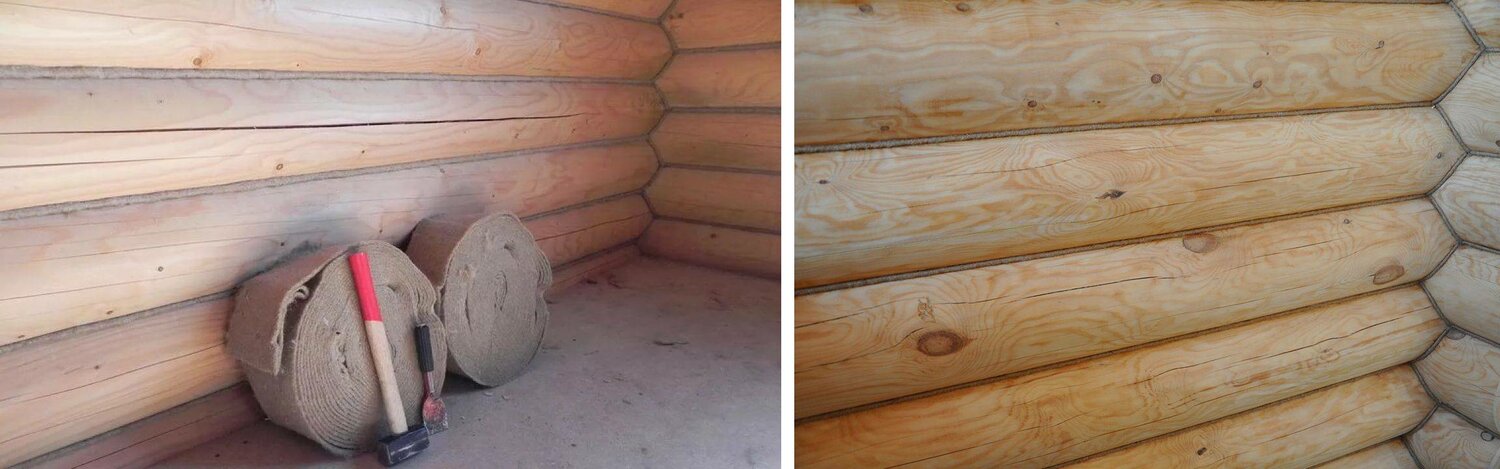 конопатка сруба, конопатка оцилиндрованного бревна джутом, конопатка сруба вилатермом, конопатка сруба канатом, инструмент для конопатки бруса