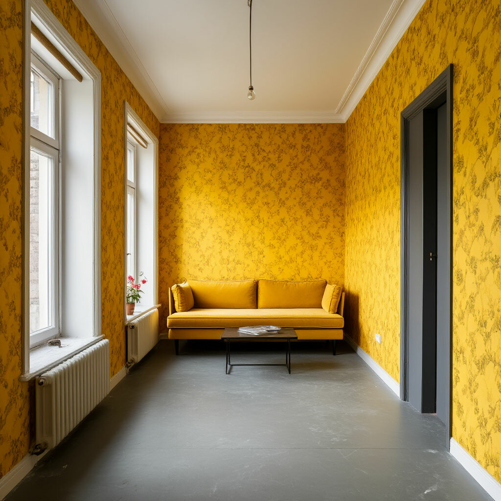интерьер с горчичным диваном, желтый диван в интерьере, желтый диван в сером интерьере, диван горчичного цвета в интерьере гостиной, диван горчичного цвета в интерьере