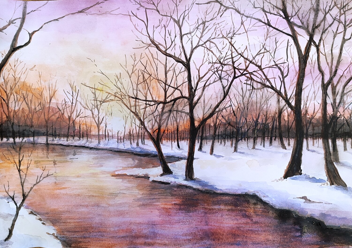 зимний пейзаж акварелью, акварель, пейзаж зимний, акварельные пейзажи, рисуем зимний пейзаж