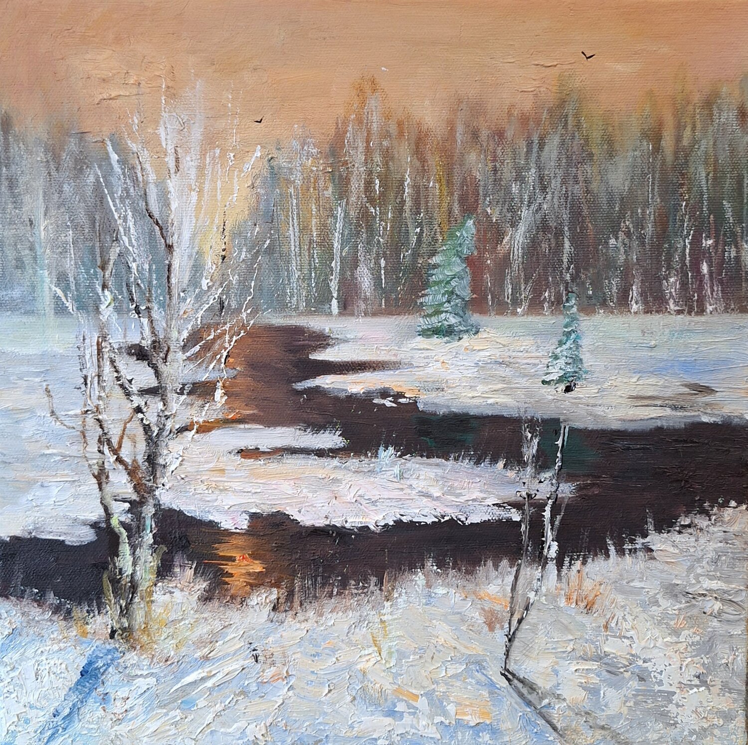 картина зимний пейзаж, картина зима, ольга тикунова художник зимний пейзаж, картина весна, весенняя картина