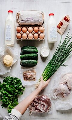 продукты, ингредиенты, фермерские продукты, ингредиенты окрошки, продукты для окрошки