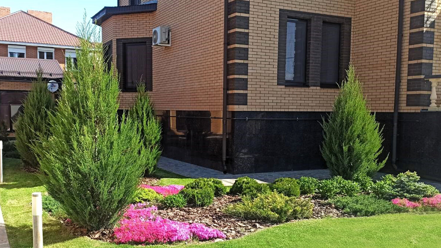 ландшафтный дизайн участка, туя и можжевельник, ландшафтный дизайн перед домом, ландшафтный дизайн двора, туя смарагд в ландшафтном