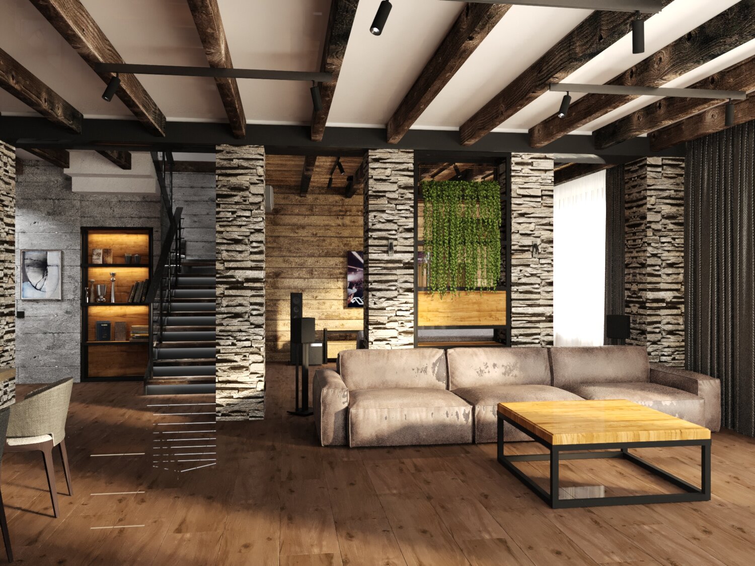 гостиная в стиле эколофт, лофт в загородном доме, интерьер в стиле лофт в загородном доме, интерьер в стиле лофт, стиль лофт в загородном доме