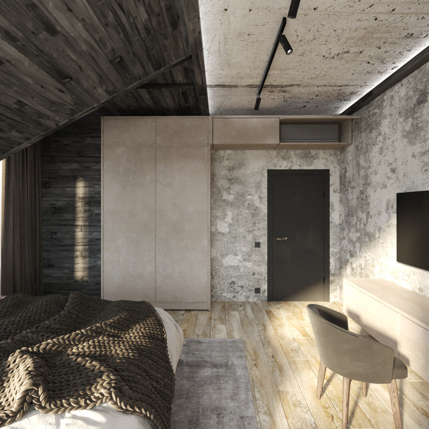 спальни в стиле лофт, интерьер спальни в стиле лофт, клавелл лофт бетон, интерьер спальной, спальня в стиле лофт дизайн