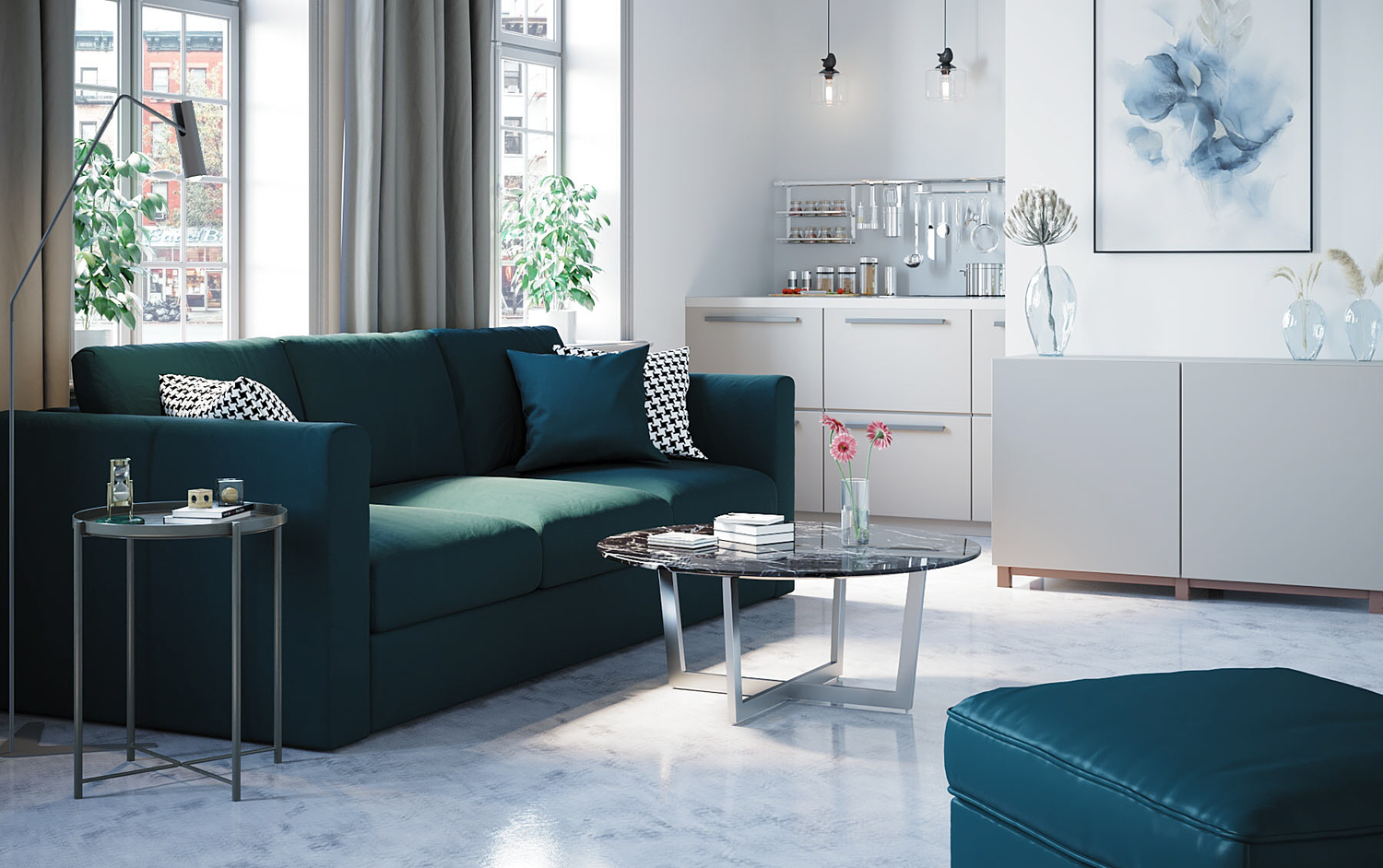 интерьер гостиной икеа, интерьер, ikea интерьер 3d, дизайн интерьера, угловой диван в гостинной в скандинавском стиле