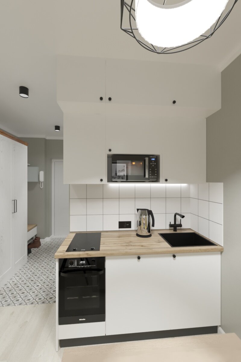 интерьер кухни, кухни для студии, студии, квартира студия, маленькая кухня светлый лофт