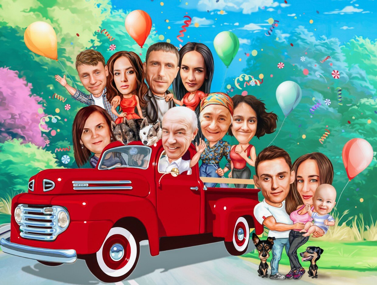 шарж семейный, фон для шаржа друзья, шарж, коллективный шарж, шаржи на заказ