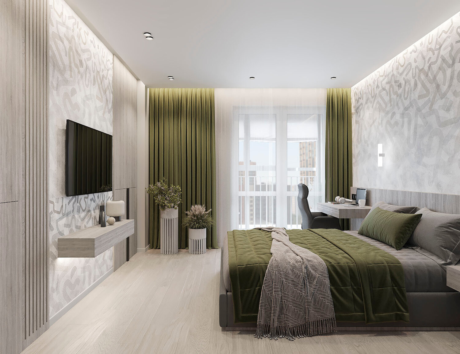 дизайн интерьера спальни, бежево зеленая спальня, спальня в светло зеленых тонах в современном стиле, спальня дизайн, интерьер спальни