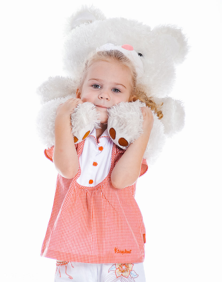 ребенок, белый плюшевый мишка, детских, фотосессия детская, детская одежда