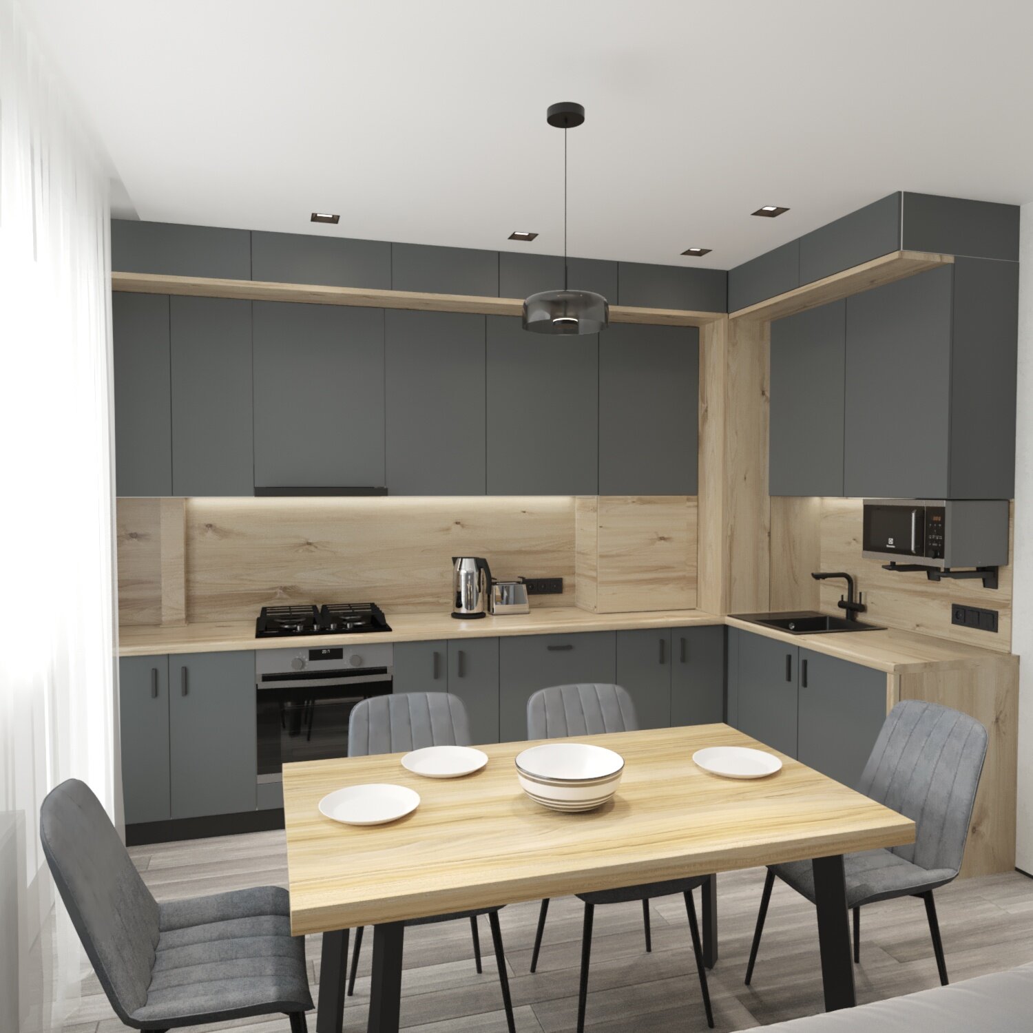 дизайн кухни 10 м2, дизайн проект кухни, серая кухня в современном стиле, интерьер кухни, угловая кухня в современном стиле