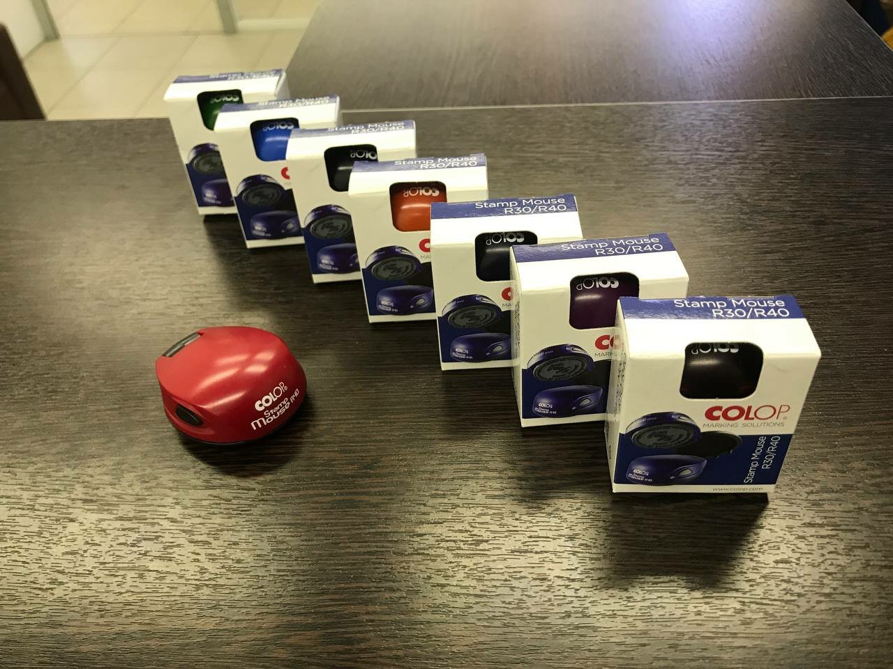 оснастка для печати овальная colop stamp mouse 40 мм, оснастка для печати 40 мм карманная, оснастка для печати "colop stamp mouset" r 40 корпус цвета индиго 34573, упаковка, карманная оснастка colop mouse