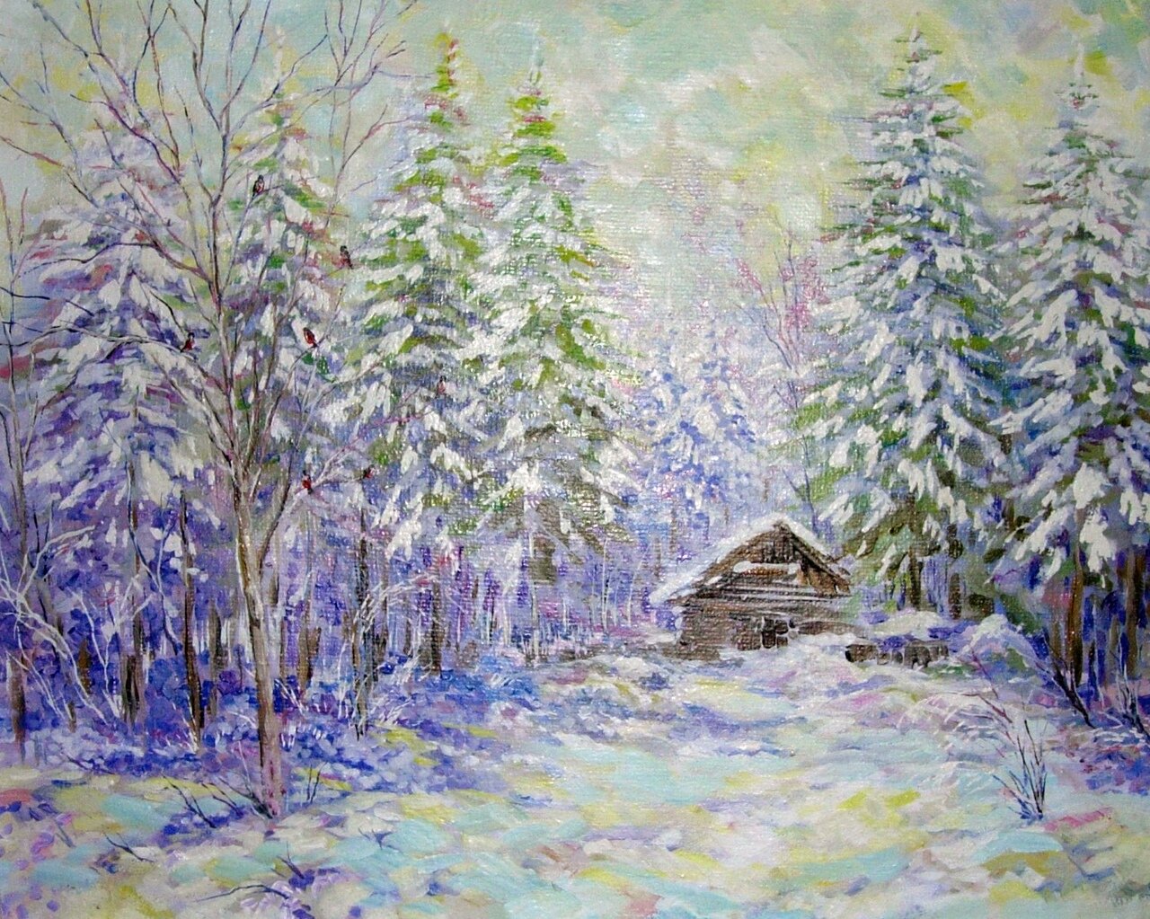 картина маслом снег, картина маслом зима, картина зима, зимний пейзаж маслом, зима маслом