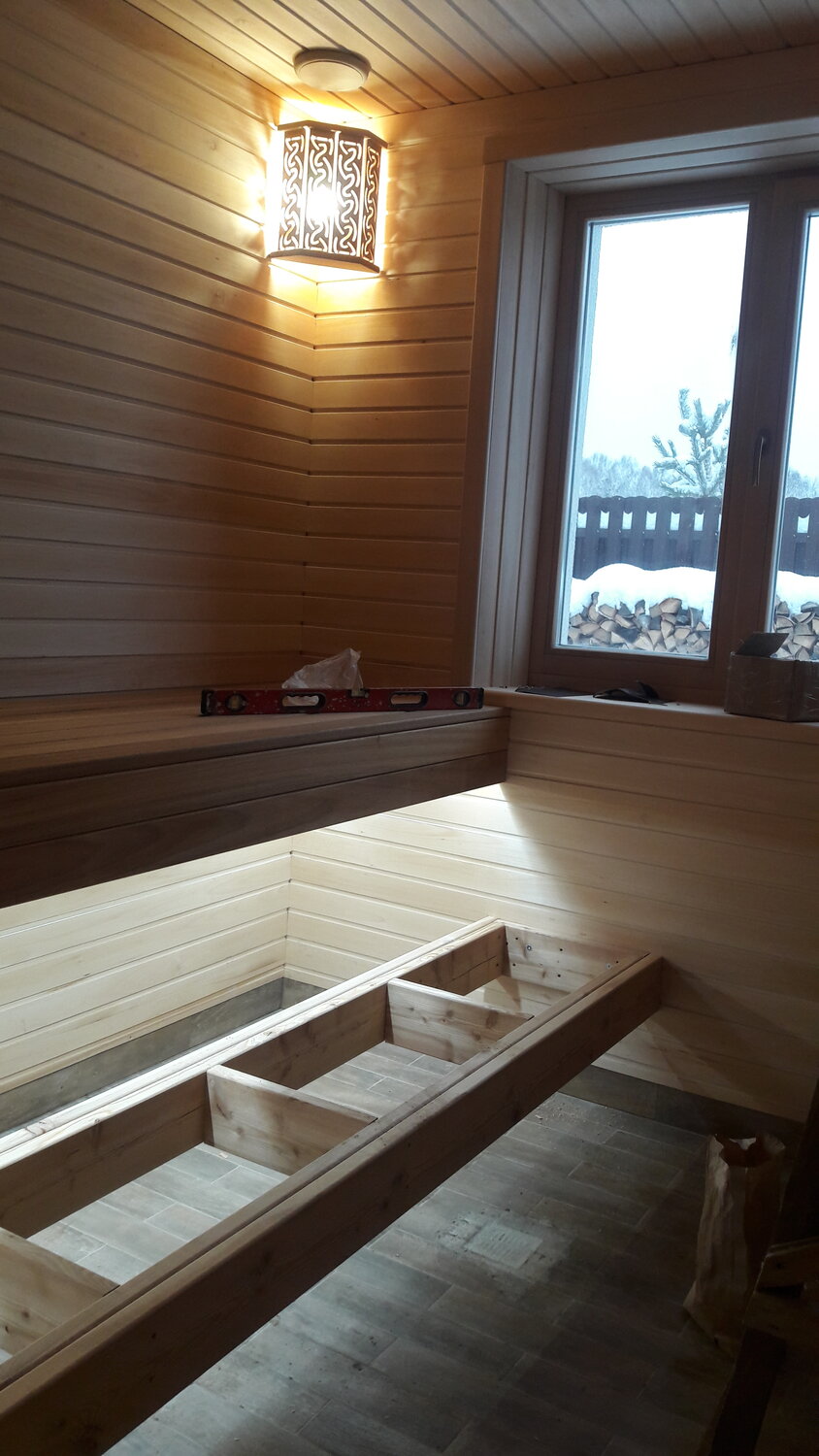 отделка сауны вагонкой, полки для сауны, вагонка для бани, отделка бани, термодревесина для бани