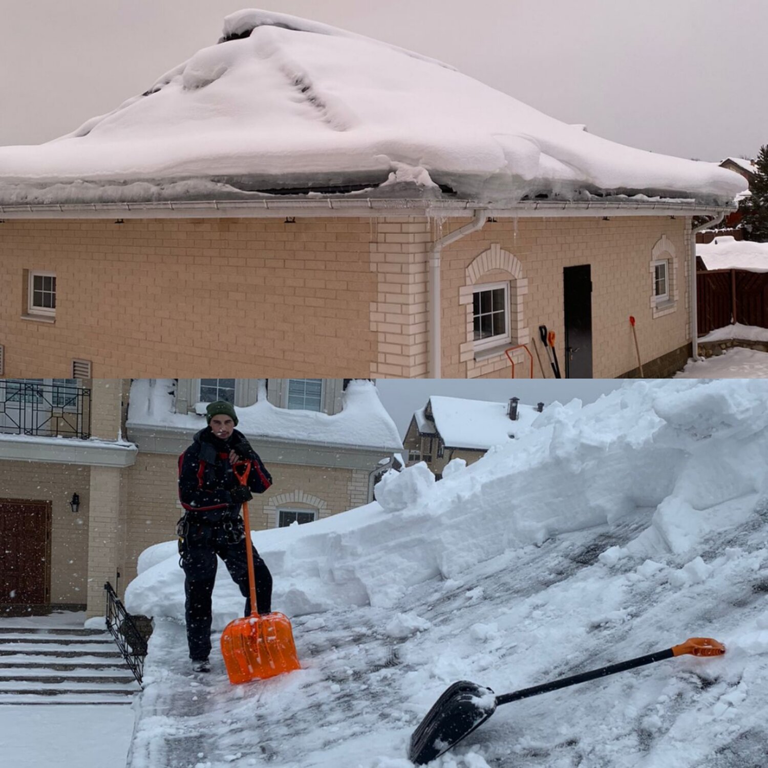 снег во дворе, уборка снега с крыш, уборка снега, снег, чистка снега