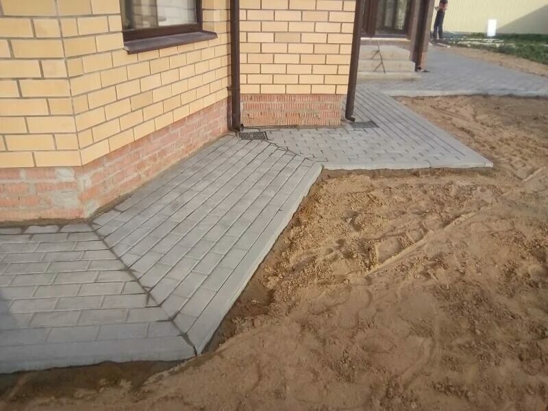 отмостка из брусчатки, железнить отмостку, брусчатка отмостка, отмостка плиткой, варианты отмостки вокруг дома