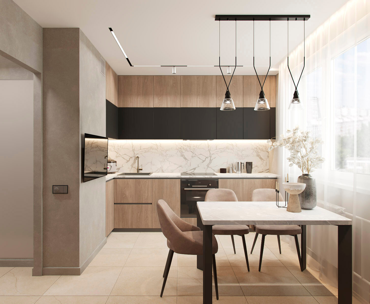 контемпорари в интерьере квартиры кухня, дизайн интерьера, дизайн кухни, интерьер, кухня лофт минимализм