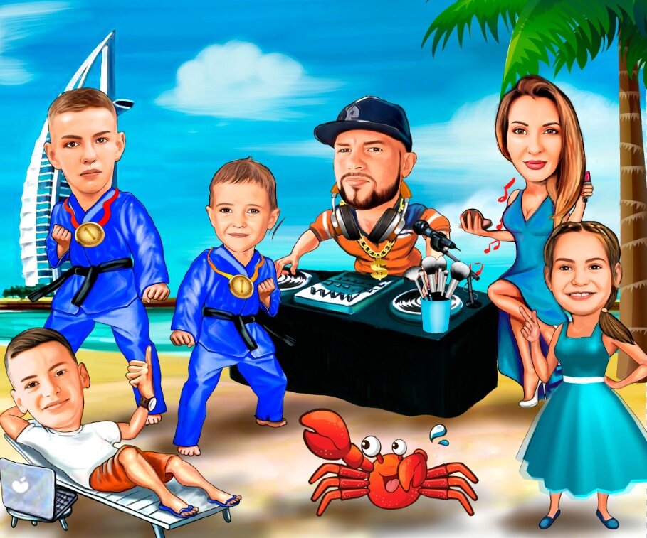 шарж на корабле, цифровой портрет шарж, шарж, шарж девочка, коллективный шарж