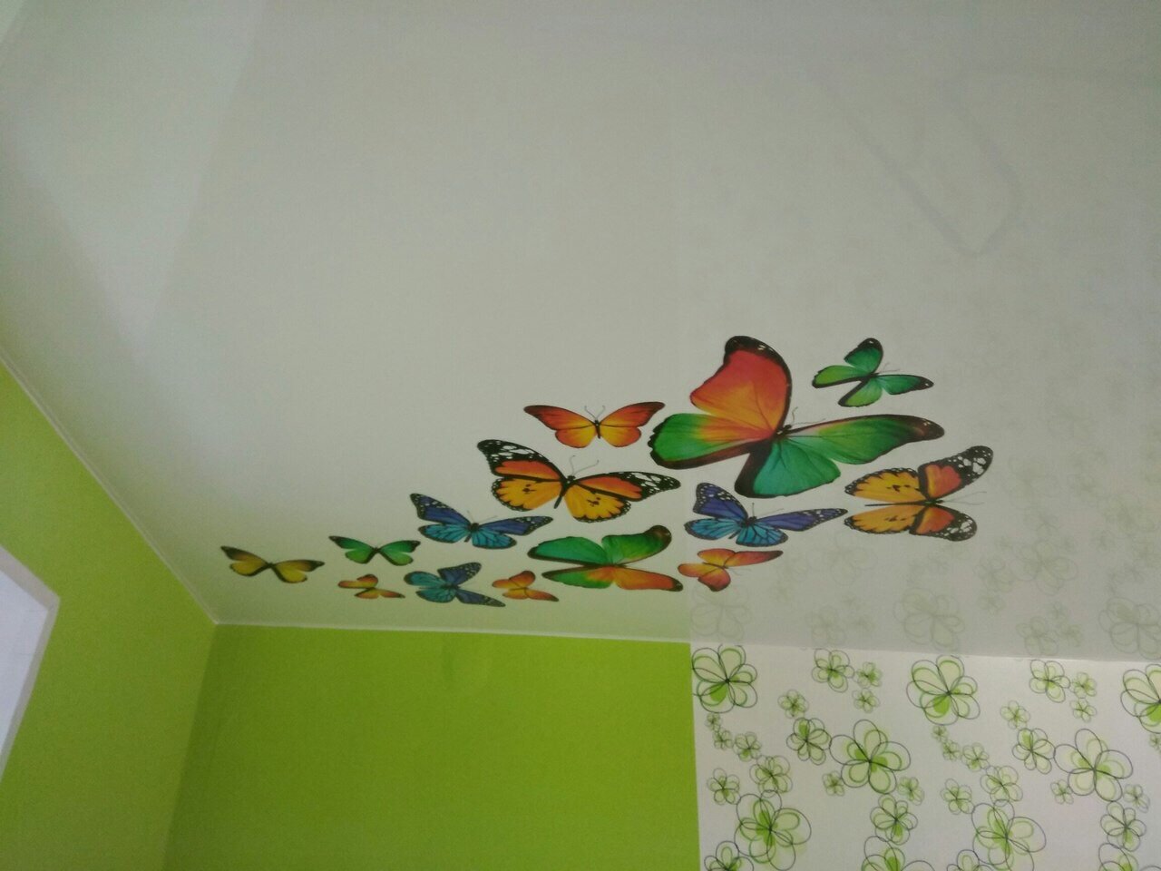 натяжной потолок с бабочками, натяжной потолок с бабочками для детской, натяжной потолок с фотопечатью в детскую, натяжные потолки с бабочками в детскую, потолок с 3 бабочками в детскую