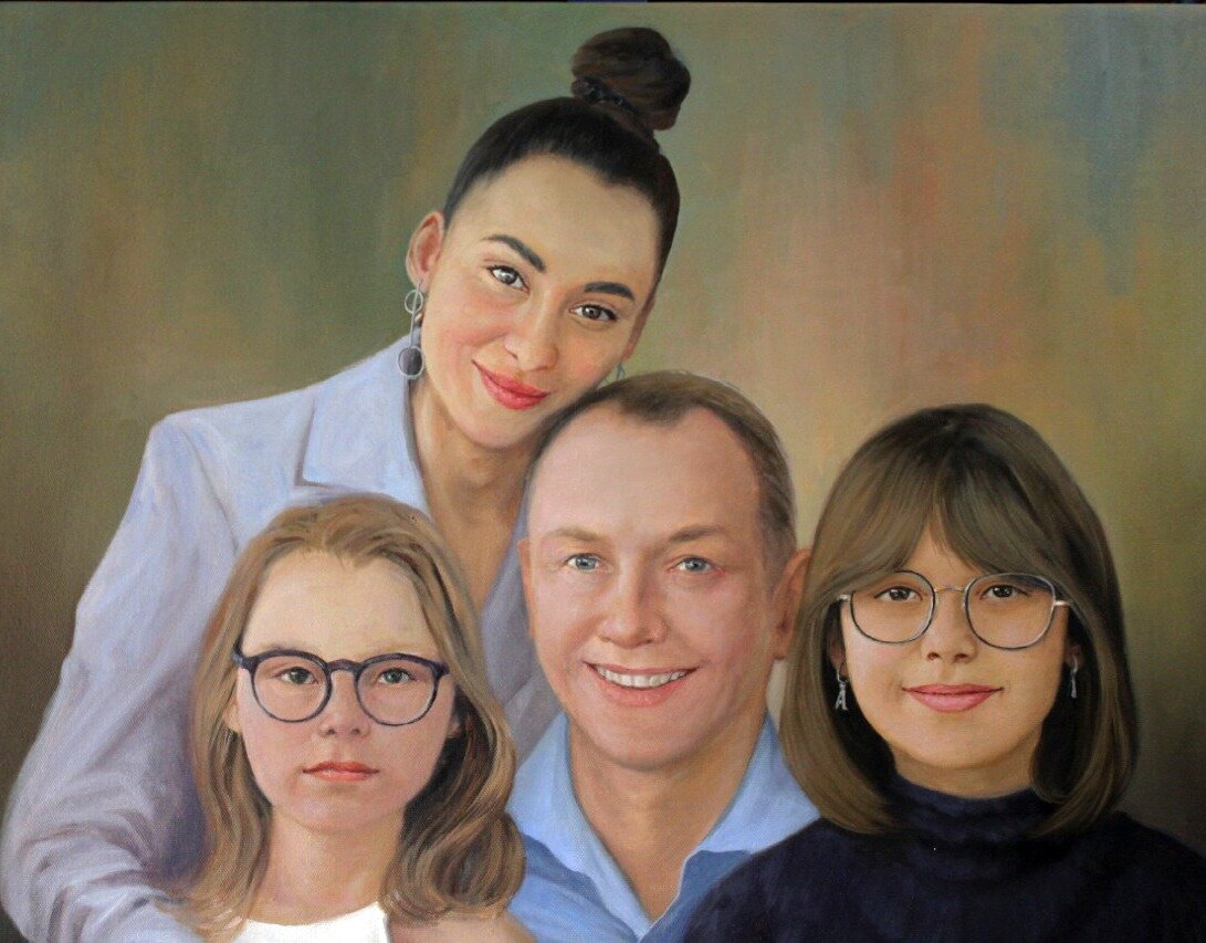 семейный портрет красками, семейный портрет, современный семейный портрет маслом, портрет семьи, семейный портрет в стиле