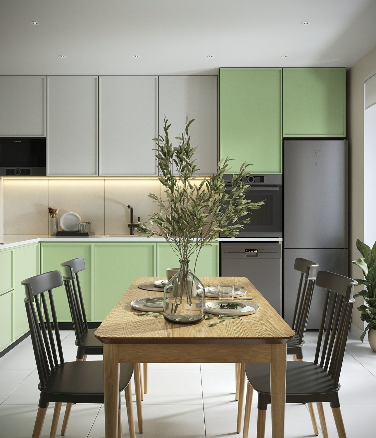 кухня в фисташковом цвете в современном стиле, кухня фисташкового цвета в интерьере, кухня в современном стиле, дизайн кухни в современном, интерьер кухни