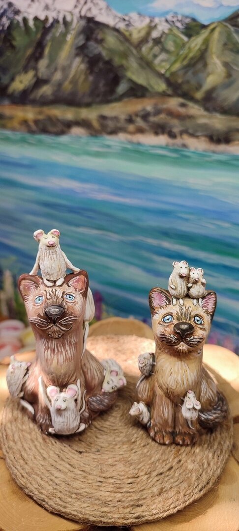 керамические коты, фигурка, интерьерная керамическая кошка, кот из дерева, кошка из дерева