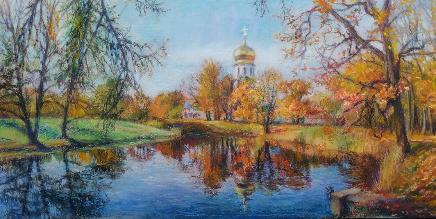 осень царское село храм, картина осенний пейзаж, пейзаж с храмом, осень картина маслом, картина пейзаж