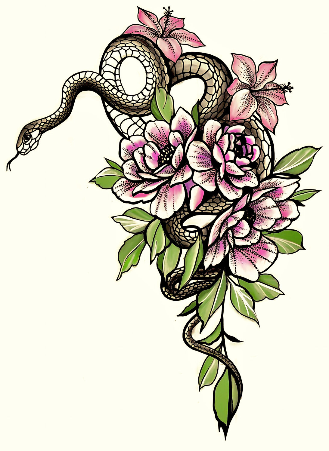 Змея и цветы тату эскизы
