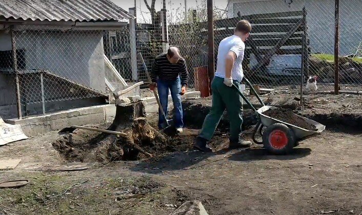 техника, в деревне, строительство или ремонт, уборка территории, деревенские в навозе