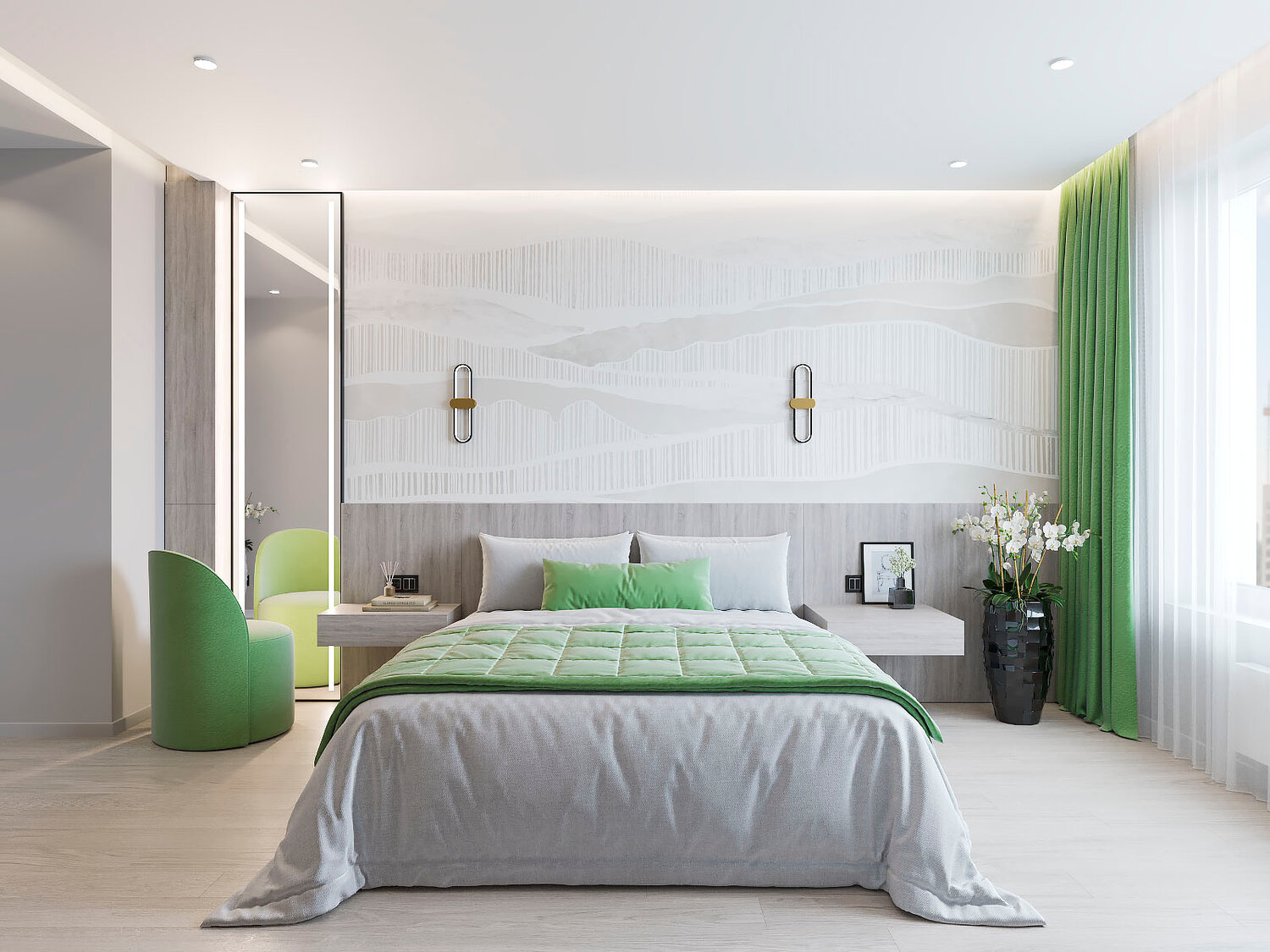 дизайн интерьера спальни, интерьер спальни в современном стиле, интерьер спальни в современном, интерьер спальни, спальня в зеленом в стиле минимализм