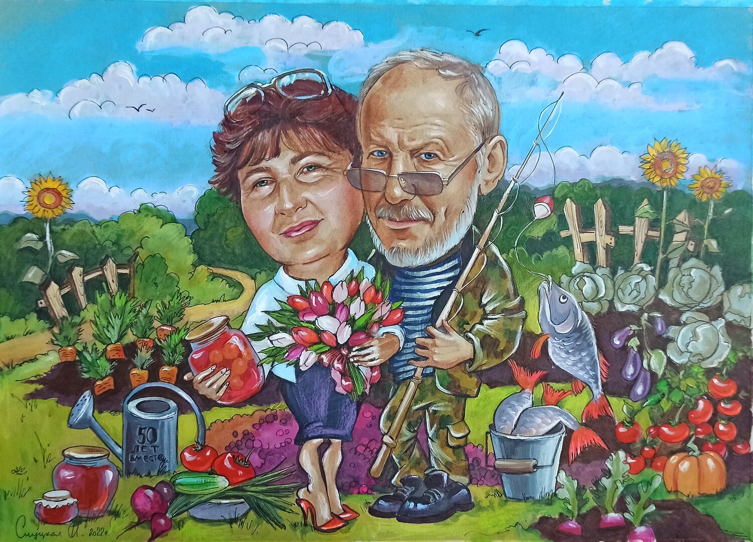 шарж картина, шарж огород, шарж, шарж семейный на даче, шарж дачница