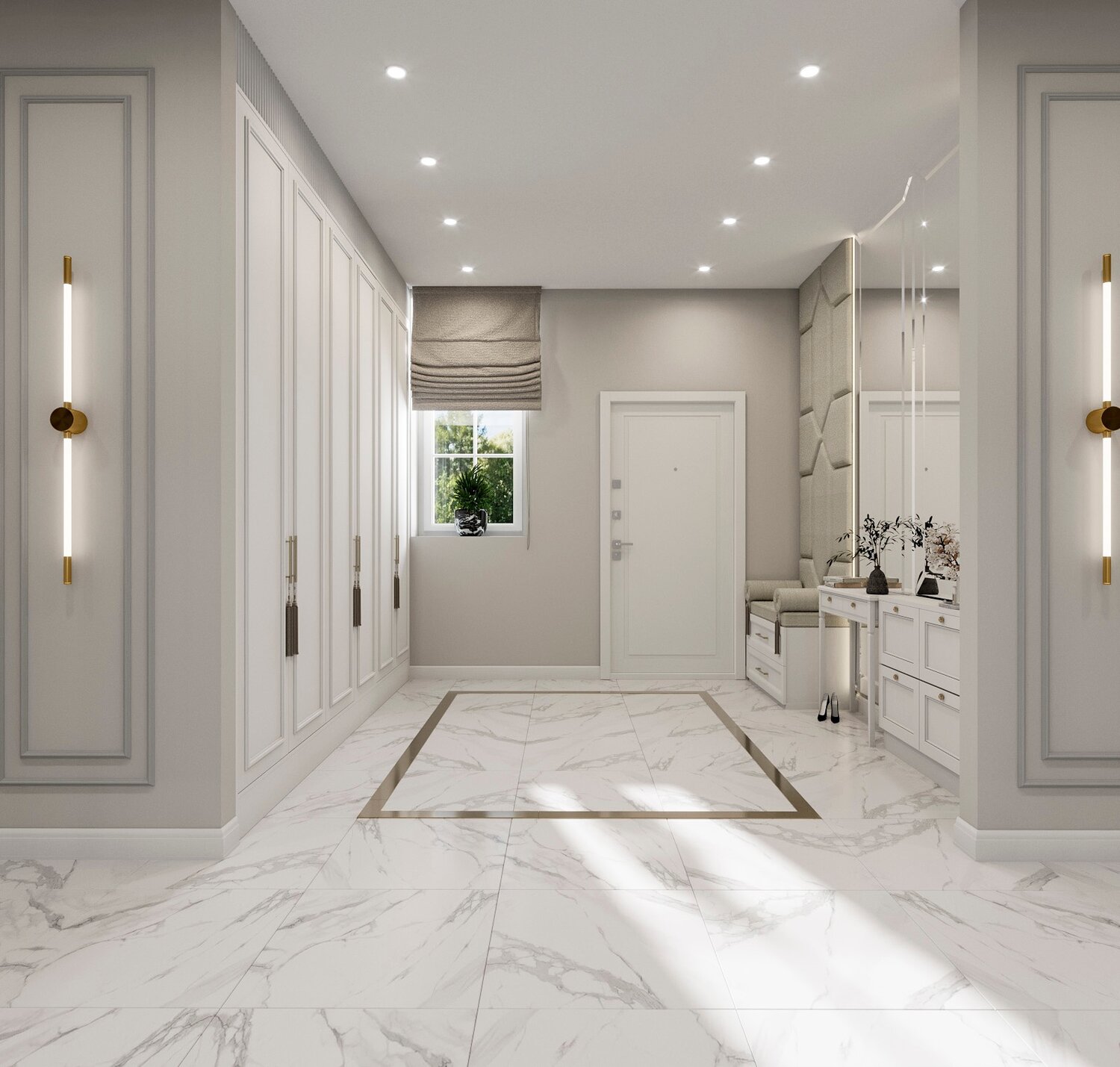 дизайн коридора в светлых тонах, прихожая в стиле неоклассика, интерьер, дизайн интерьера, дизайн интерьера коридора
