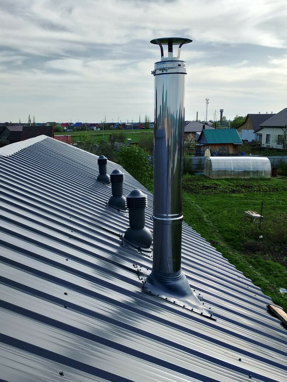 дымоход, проход через крышу для дымохода, стальной дымоход, дымоход на кровле, труба дымохода
