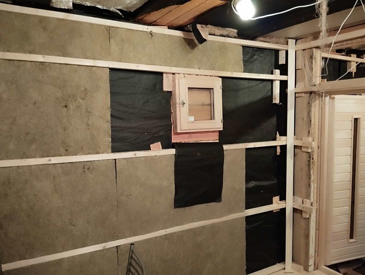 утепление стен, обшивка утеплителем бани, утепление бани, утепление стен изнутри, каркасная баня