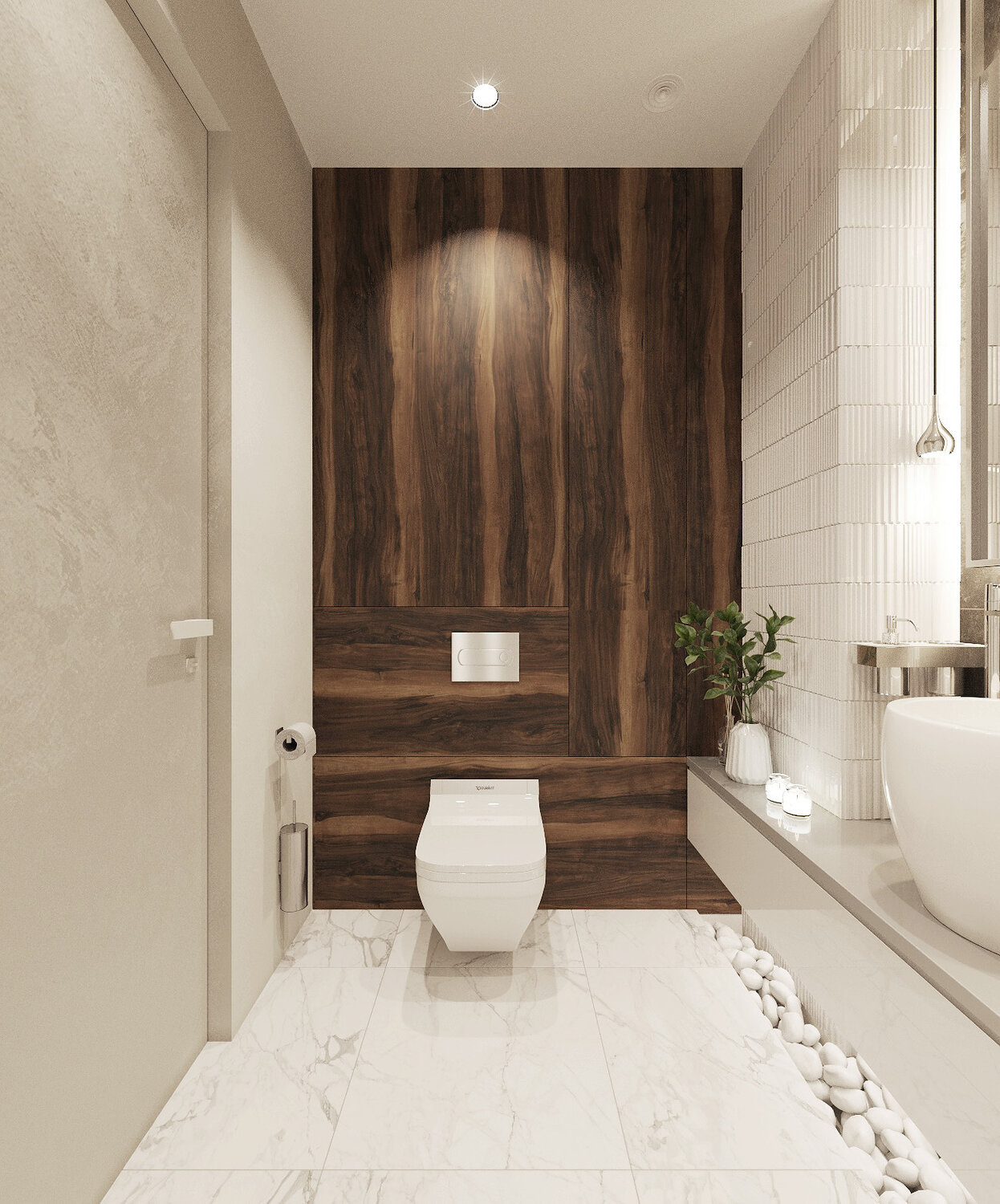 интерьер туалета, дизайн туалета белый с деревом, санузел под дерево, туалетная комната, ванная белая с деревом