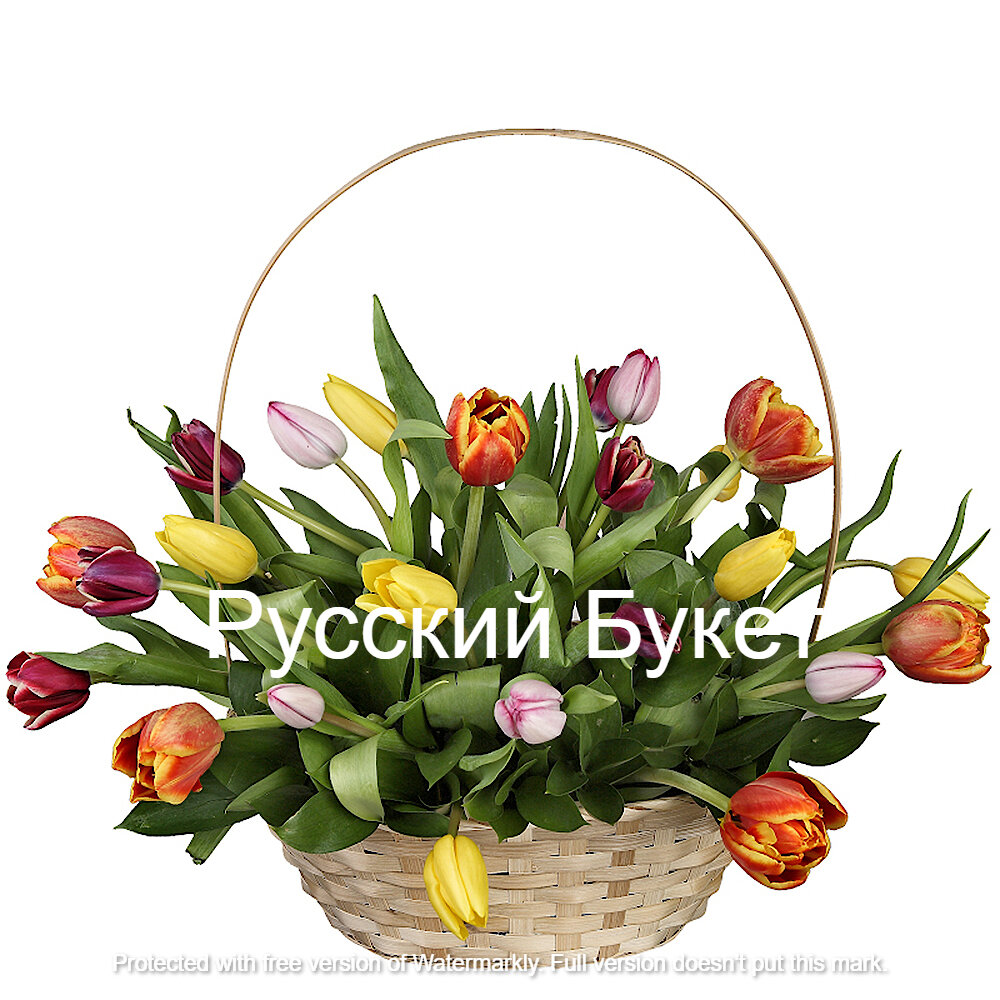 корзина с цветами, корзина с цветами тюльпаны, композиция с тюльпанами в корзине, тюльпаны в корзине, корзина цветов
