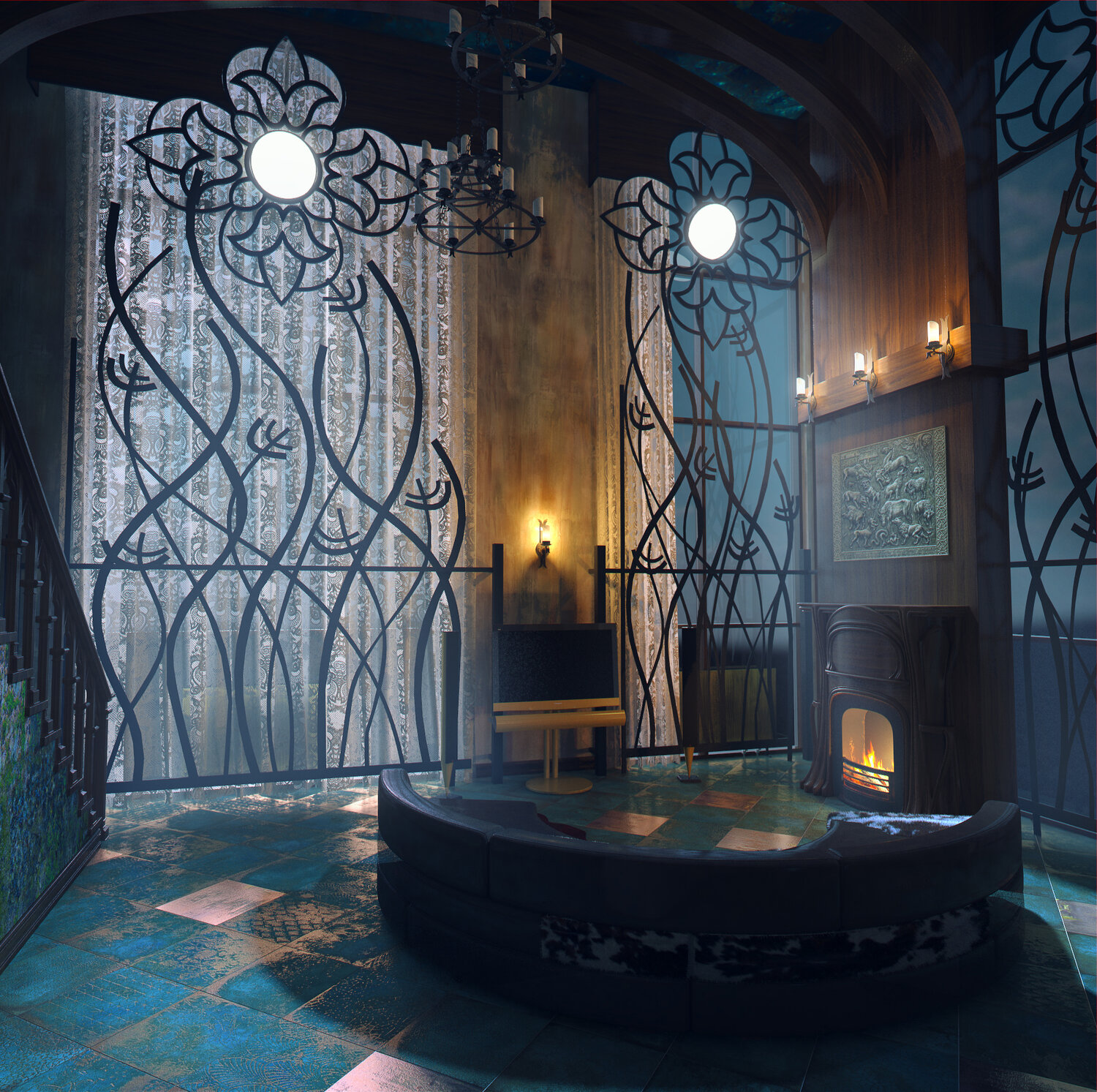 100 rooms escape 14 уровень, эльфийский дворец интерьер фэнтези, интерьер квартиры, стеклянный дворец ночью, интерьер