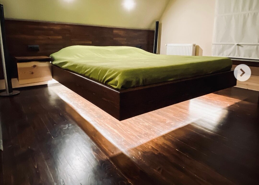 парящая кровать, кровать с парящим эффектом, большая двуспальная кровать, кровать, парящая кровать из дерева