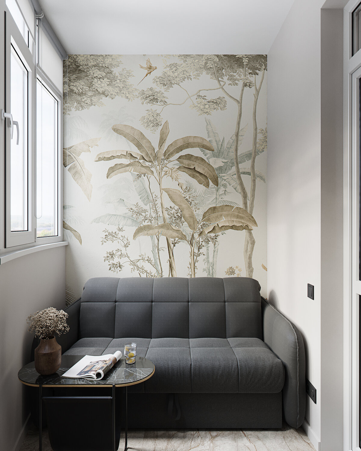 интерьер функционального балкона, дизайн интерьер, диван, фрески на стену в интерьере гостиной, интерьер спальной