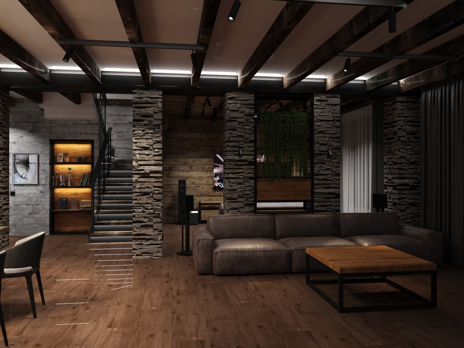 гостиная в стиле эколофт, интерьер в стиле лофт в загородном доме, интерьер в стиле лофт, лофт в загородном доме, дизайн в стиле лофт в доме