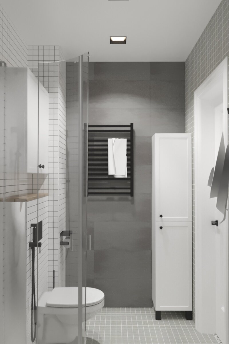интерьер ванной комнаты с душевой 4м2, сканди ванная серая, санузел в скандинавском стиле, душевая в скандинавском стиле, интерьер ванная