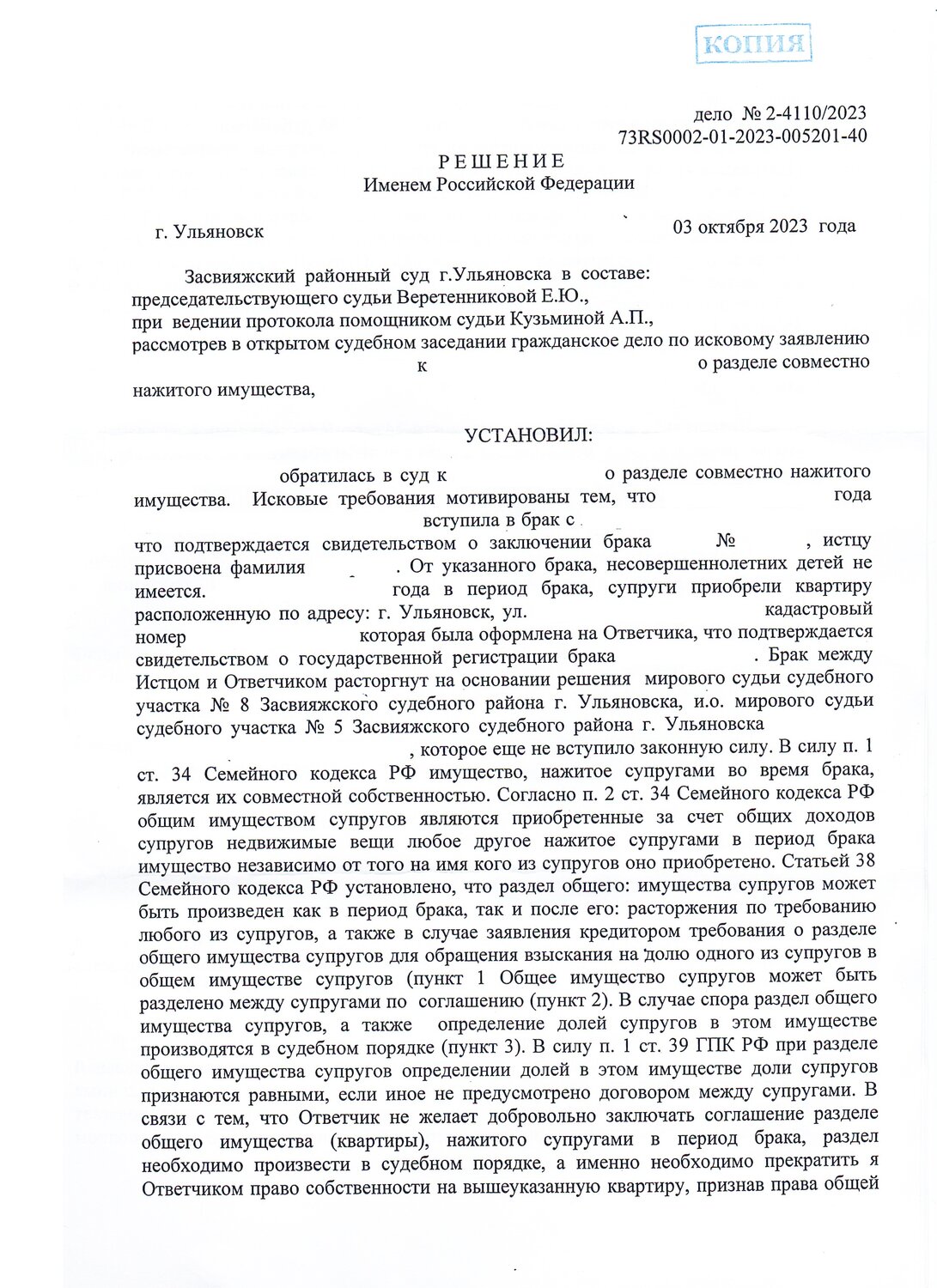 страница с текстом, решение суда, решение о разделе совместно нажитого имущества, образец решения суда, образец жалобы