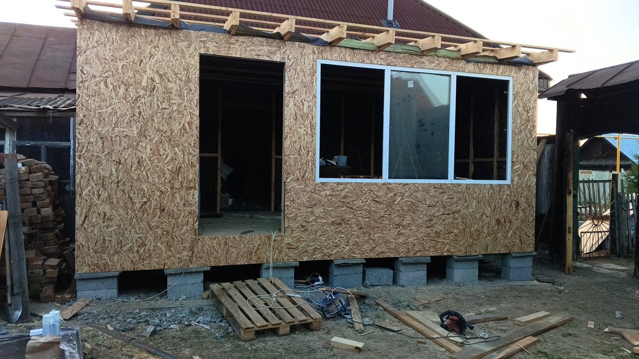 пристройка из сип панелей, пристрой из сип панелей, веранда из осб, дачный домик обшитый осп 3, веранда из осб панелей