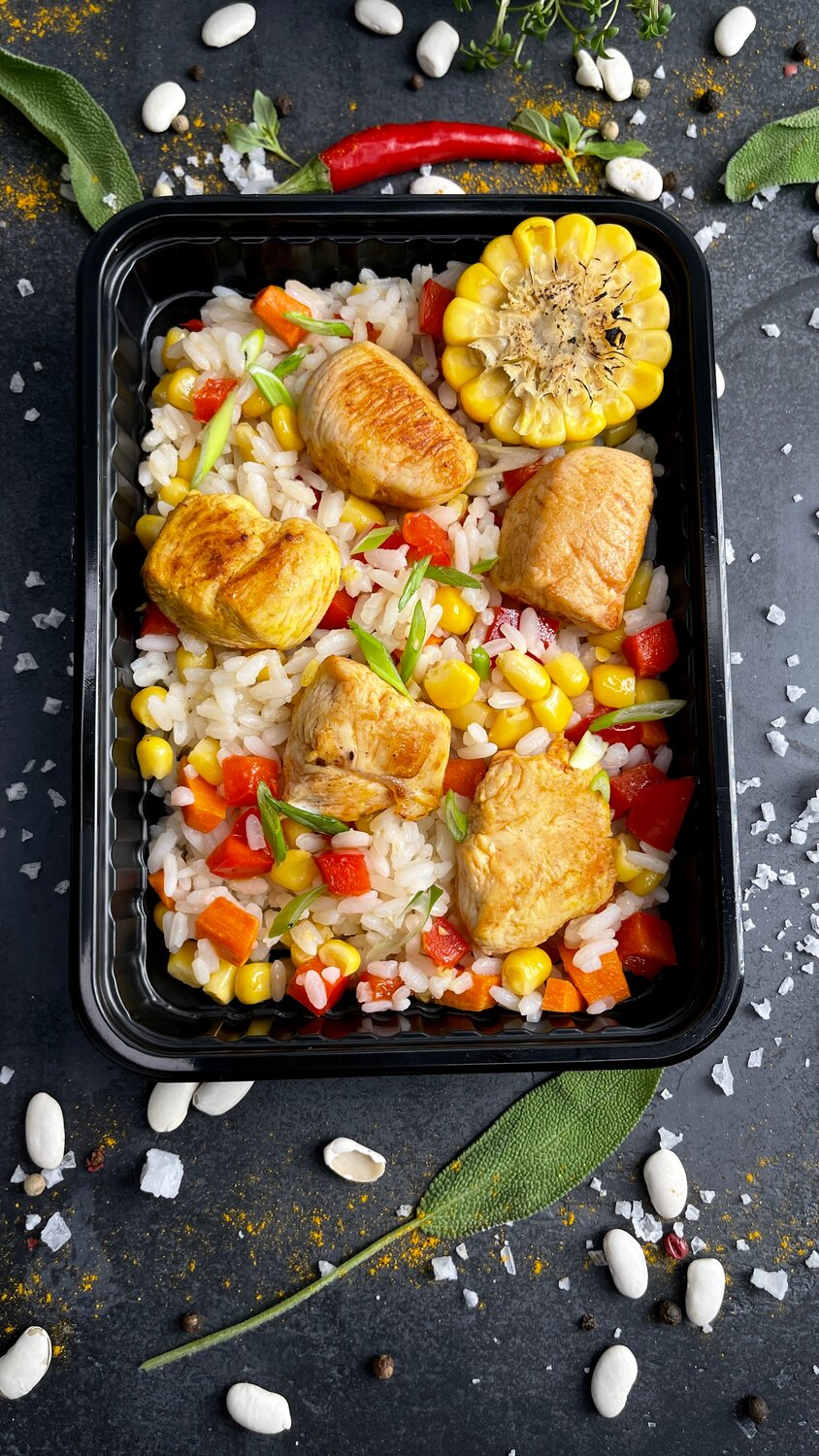 гавайская смесь (рис,горошек,кукурузы,перец), питание, рис с курицей, обед, гроу фуд упаковка